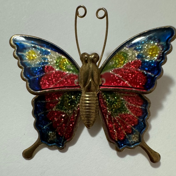 Vintage Butterfly Pinback Brooch Pin Gold Brass Enameled Pink Blue Purple 1970s - Picture 2 of 10